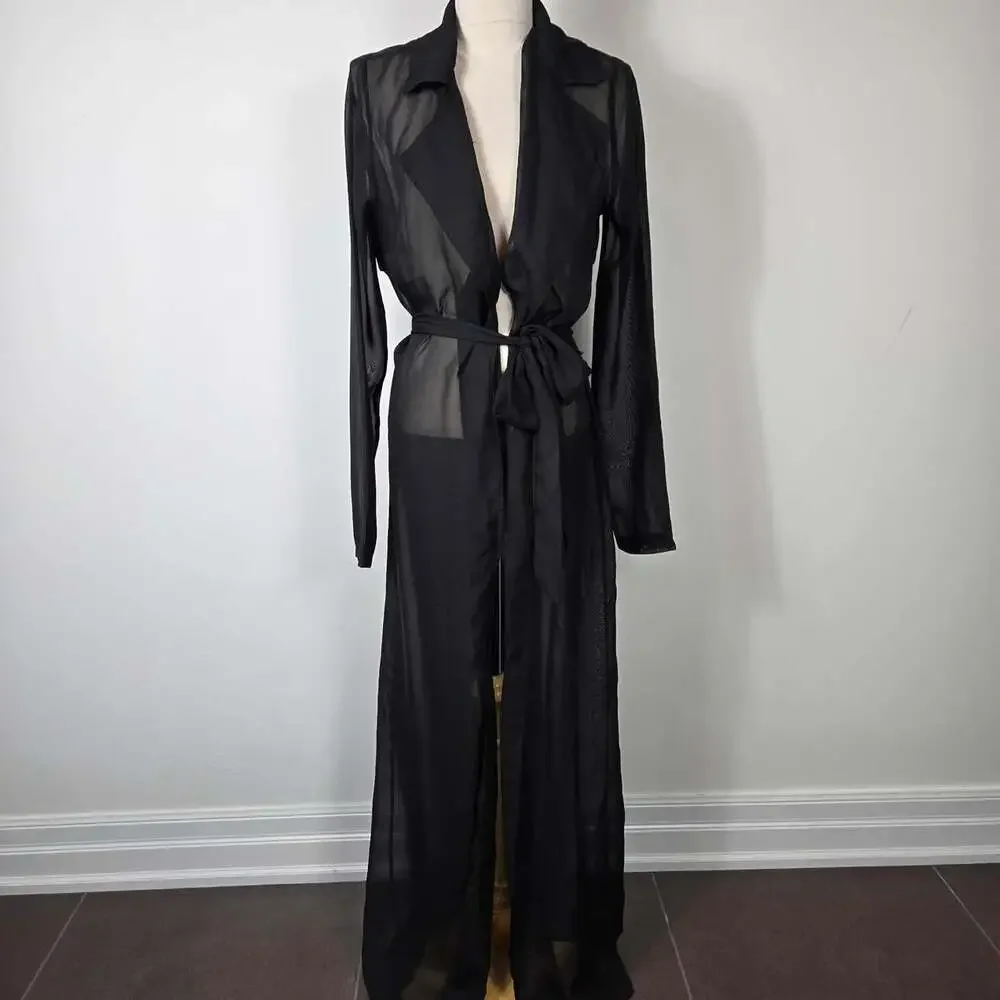 Lux LA Sheer Black Mesh Maxi Duster Robe Tie Waist Y2K Goth M